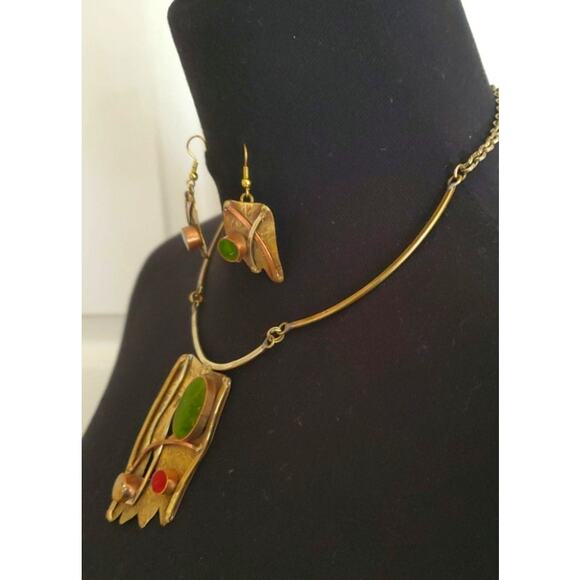 Modernist Artisan Confetti Pendant Necklace Earrings Set Mixed Metals Abstract - Picture 7 of 14